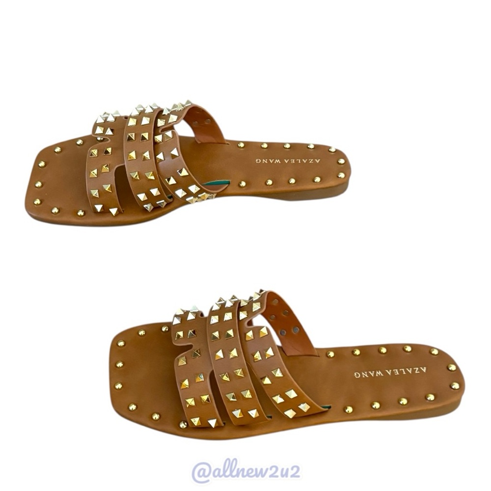 Azalea Wang Archer Gold Studded Sandals in Tan Size 7 - Picture 10 of 17